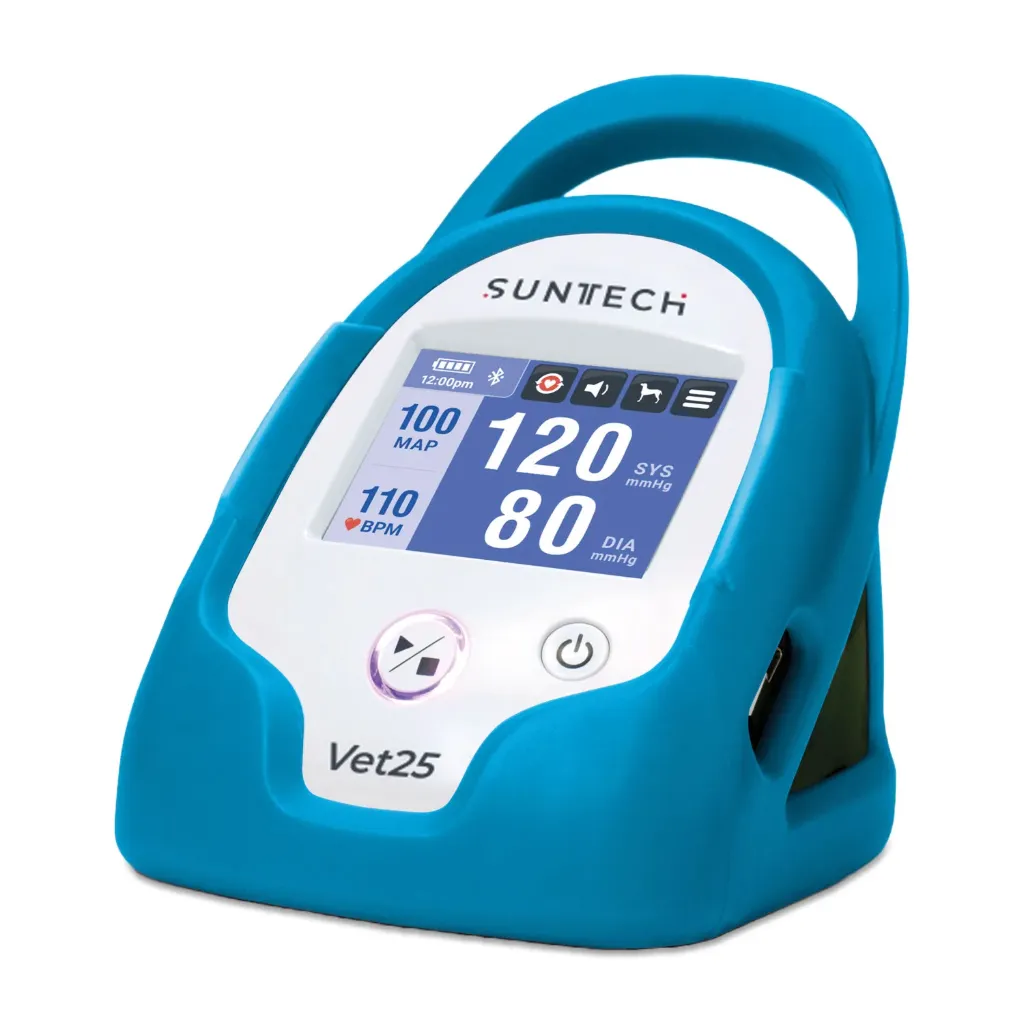 Ciśnieniomierz SunTech VET25 w kolorze niebieskim, w zestawie 6 mankietów, wąż do pomiaru ciśnienia, zasilacz, akumulator litowo-jonowy i pokrowiec ochronny