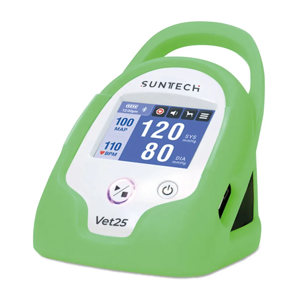Ciśnieniomierz SunTech VET25 w kolorze zielonym, w zestawie 6 mankietów, wąż do pomiaru ciśnienia, zasilacz, akumulator litowo-jonowy i pokrowiec ochronny
