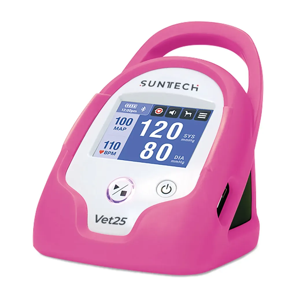Ciśnieniomierz SunTech VET25 w kolorze różowym, w zestawie 6 mankietów, wąż do pomiaru ciśnienia, zasilacz, akumulator litowo-jonowy i pokrowiec ochronny