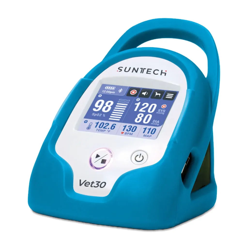 [217230] Ciśnieniomierz SunTech VET30 w kolorze niebieskim, w zestawie z 6 mankietami, czujnikiem SpO₂, sondą temperatury, przewodem do pomiaru ciśnienia krwi, zasilaczem, akumulatorem litowo-jonowym i pokrowcem ochronnym