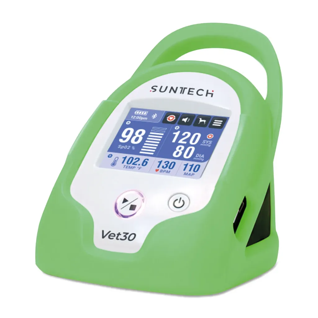 [217231] Ciśnieniomierz SunTech VET30 w kolorze zielonym, w zestawie z 6 mankietami, czujnikiem SpO₂, sondą temperatury, przewodem do pomiaru ciśnienia krwi, zasilaczem, akumulatorem litowo-jonowym i pokrowcem ochronnym