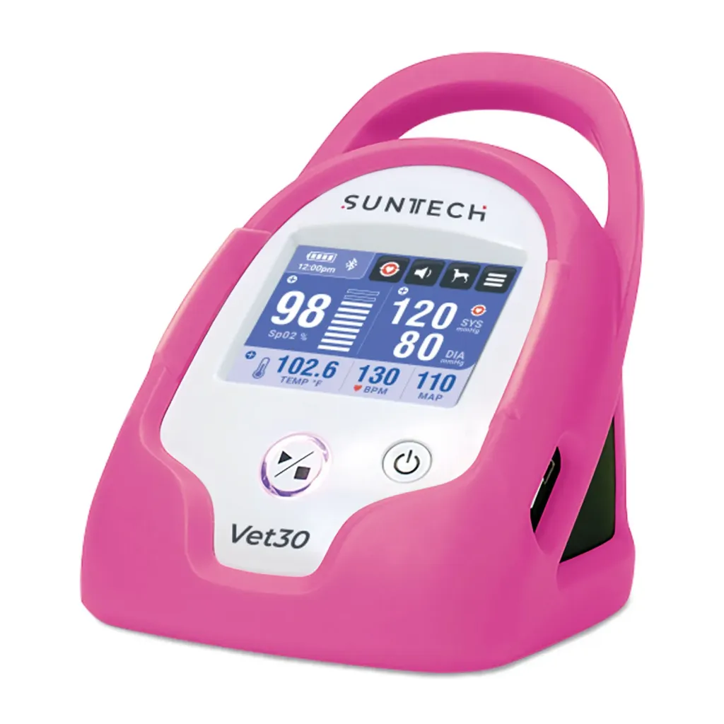 [217232] Ciśnieniomierz SunTech VET30 w kolorze różowym, w zestawie z 6 mankietami, czujnikiem SpO₂, sondą temperatury, przewodem do pomiaru ciśnienia krwi, zasilaczem, akumulatorem litowo-jonowym i etui ochronnym