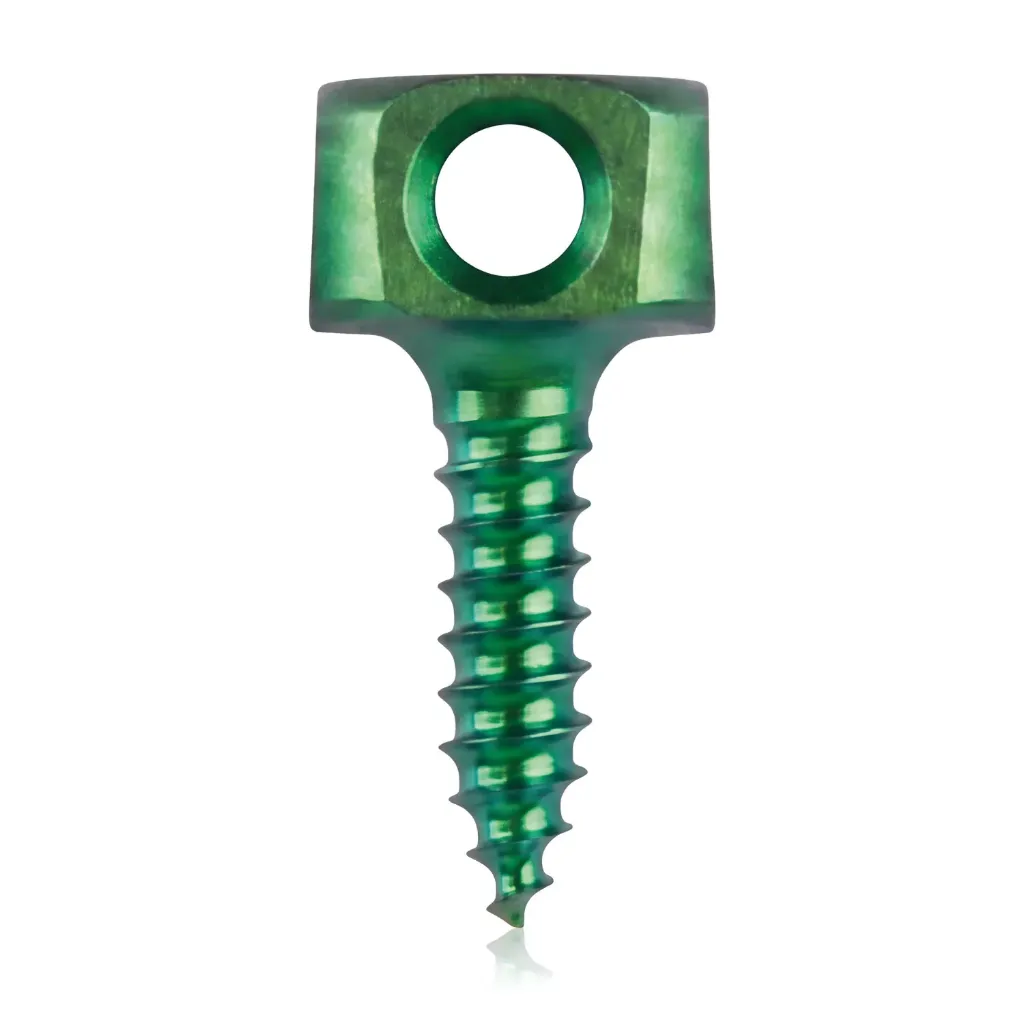 Śruba kotwiąca do kości Ø 1,3 x 5 mm, zielona, z podwójnym oczkiem Ø 1,1 mm